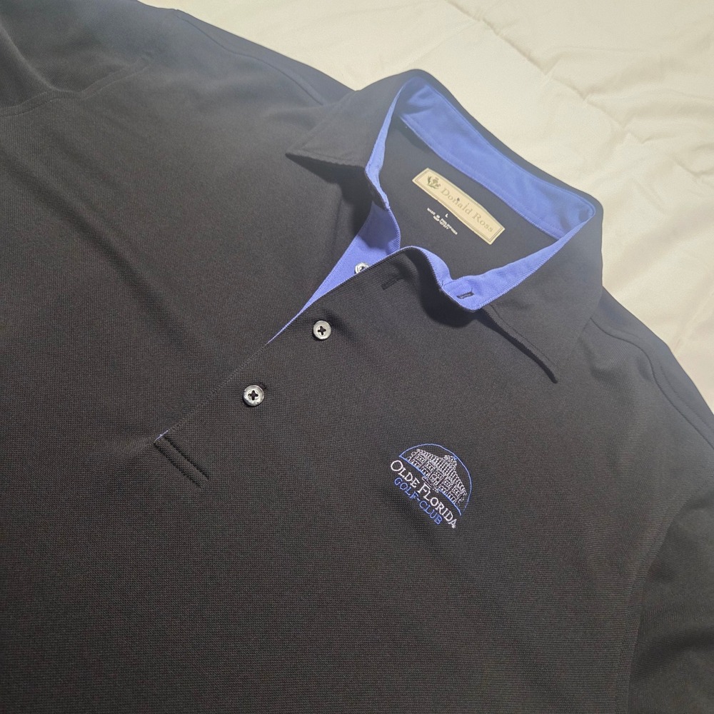 Donald Ross Mens Large Black Olde Florida Golf Club Polo Shirt Blue Trim